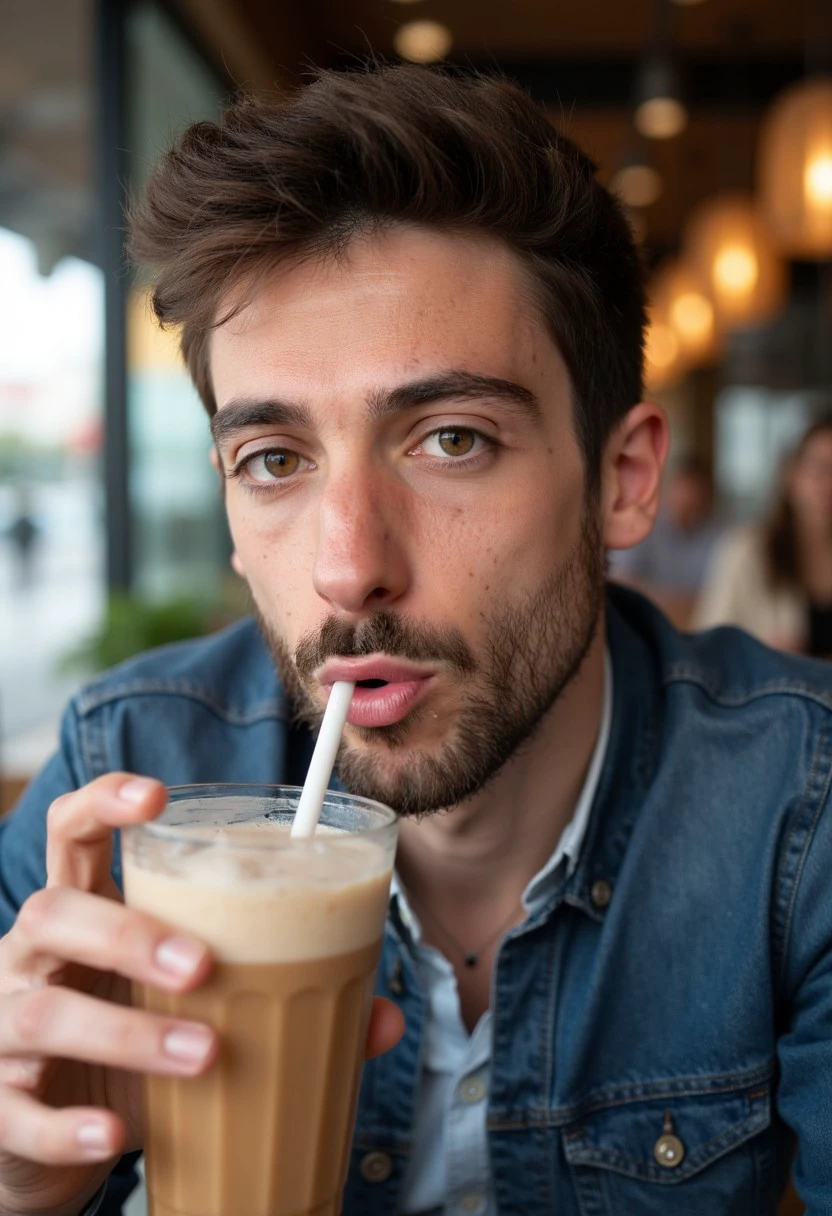 (Alexandre, 21 yo male, facial hair), portrait, close up view, casual clothes, natural light, slurping bubble tea