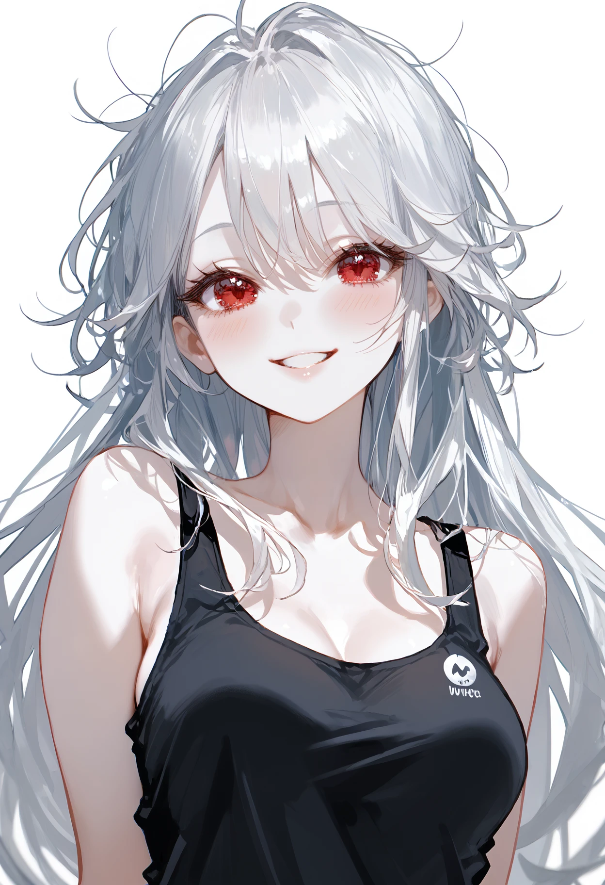 score_9, score_8_up, score_7_up, score_6_up, best quality, source_anime BREAK, UIIVstyle, 1girl, white hair, red eyes, long hair, messy hair, pale skin, parted lips, smile, blush, medium breasts, tank top, <lora:UIIV:1>