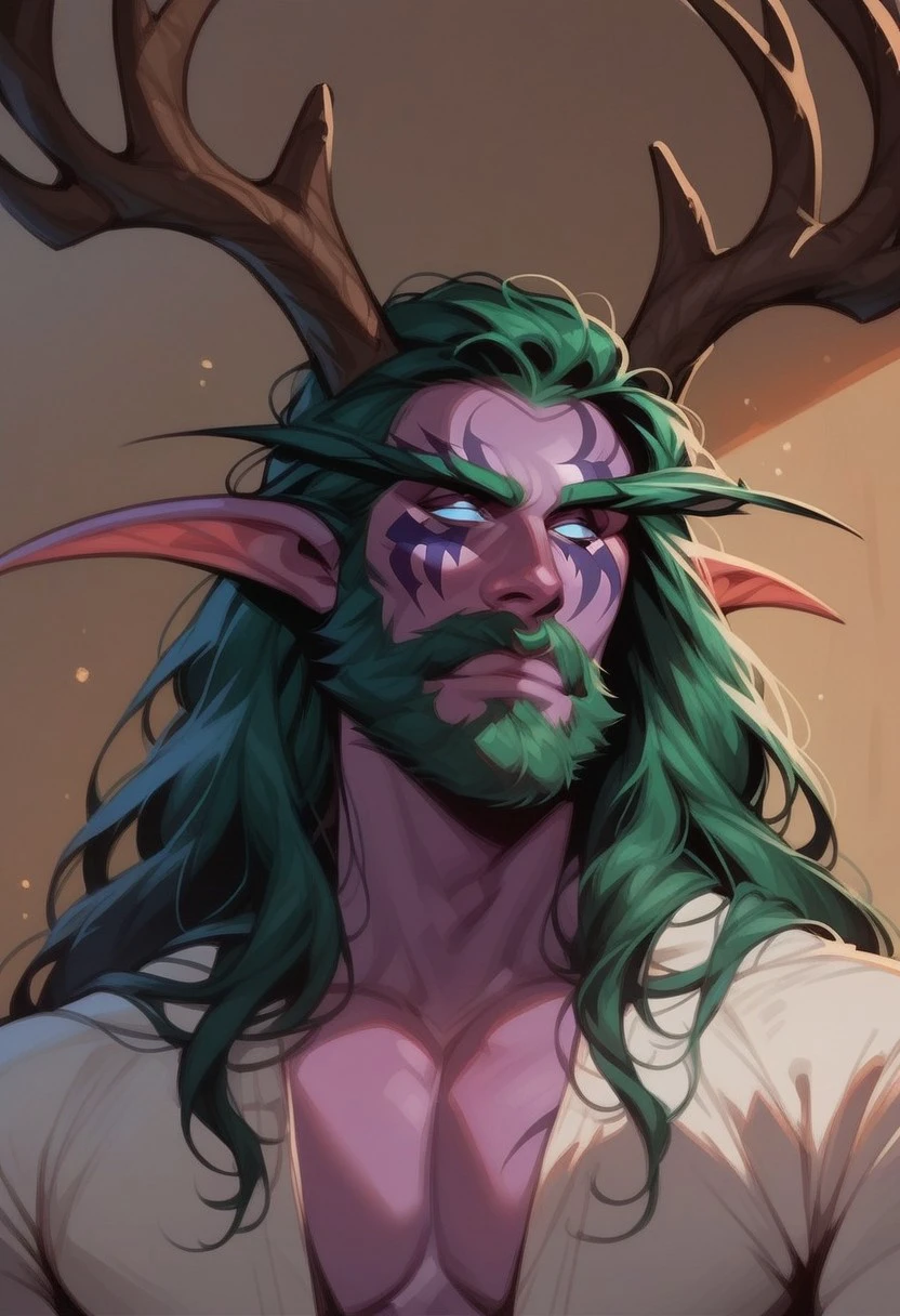 score_9, score_8_up, score_7_up, western cartoon, detailed face, solo male, large night elf male, (((purple skin))), shirtless, loose hideskin pants, fur pants, green hair, beard, small antlers, powerfully built, long hair, mature face:1.2, broad face: 1.3, broad jaw: 1.3 ruggedly handsome, the man has a wise and patriarchal face with a hint of sternness:1.3, serious thoughtful face:1.3, joy is breaking through on otherwise serious face as he laughs:1.3, heavy build, thick torso