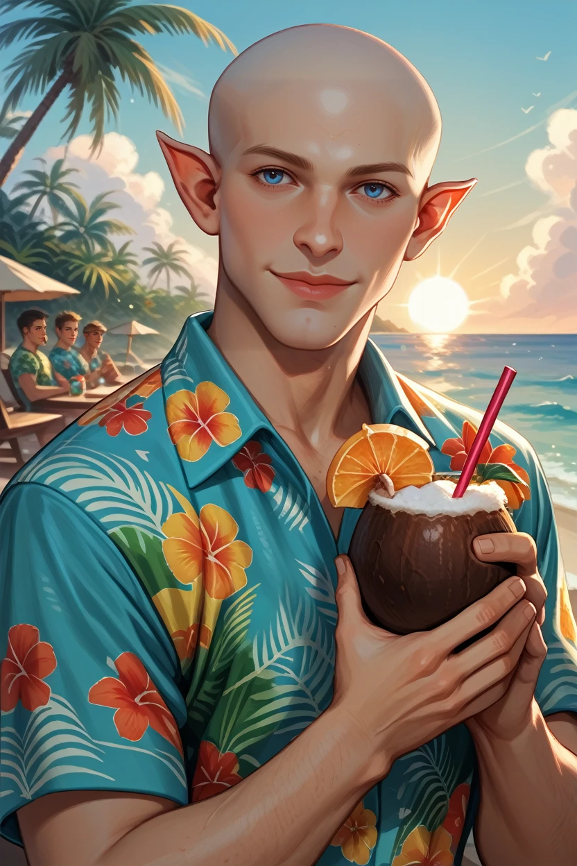 score_9, score_8_up, score_7_up,
<lora:DAISolas:0.8>
DAISolas, 1boy, bald, blue eyes, pointy ears, looking at viewer, wearing a Hawaiian shirt, smiling, holding a coconut drink, vibrant sunset, palm trees swaying in the breeze, tropical vibes