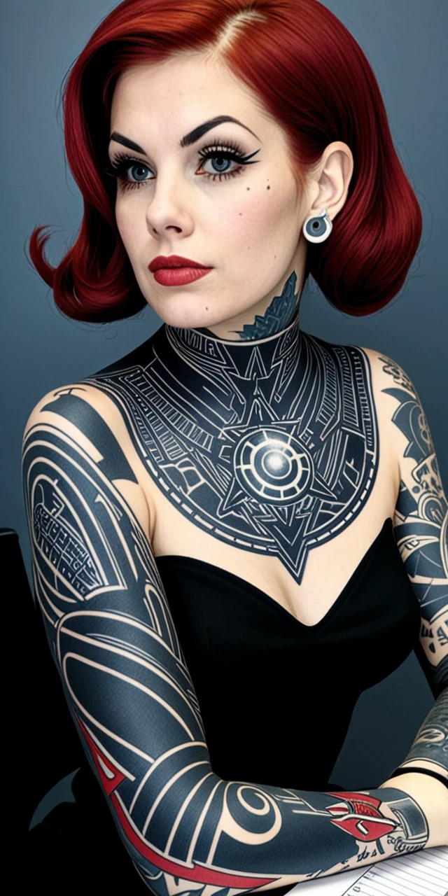 a woman tattooed in   DarkTatExStarz  style <lora:DarkTatExStarz:0.937>in an 1960's space ship at a desk