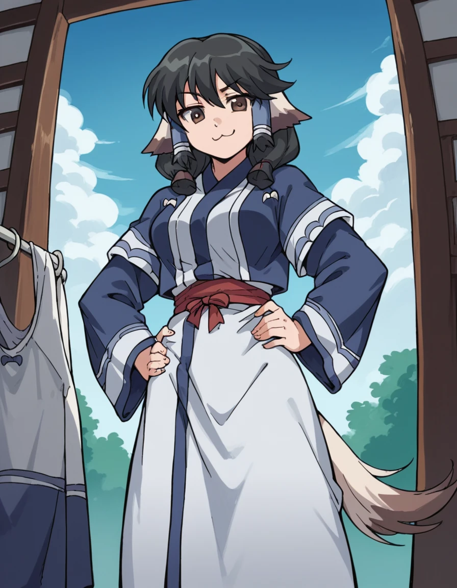 score_9, score_8_up, score_7_up, source_anime, <lora:utawarerumono-aruruu-s2-ponyxl-lora-nochekaiser:1>, aruruu, black hair, animal ears, brown eyes, dog ears, medium breasts,, tail, ainu clothes, long sleeves,, laundry day, clothesline, drying clothes, domestic life, fresh air, blue sky, , , smug, hands on hips,, solo,, dutch angle, cowboy shot