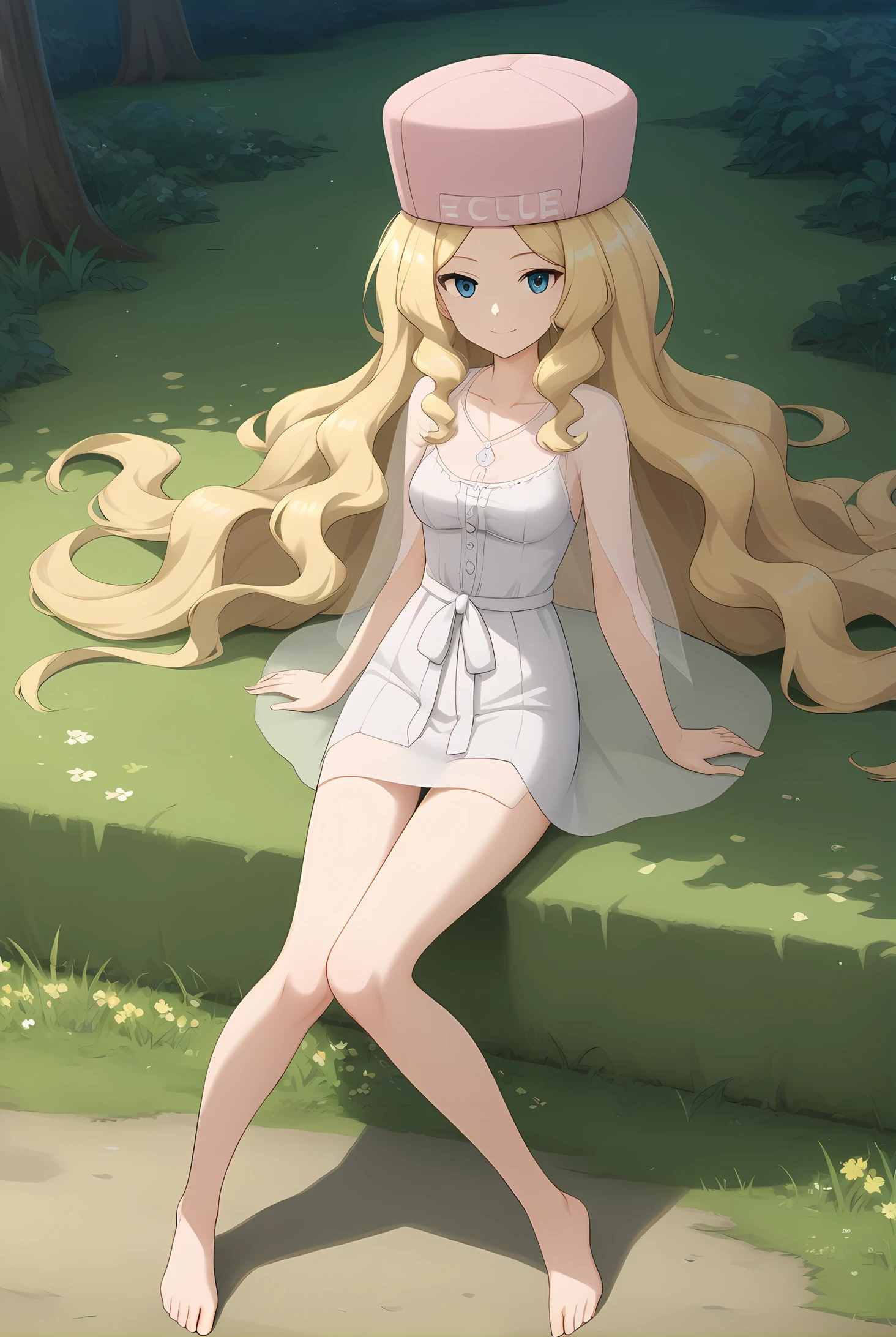 (casual clothes), pk-caitlin, pink hat, blonde hair, very long hair, blue eyes, medium breasts, 1girl, solo, skinny, score_9, score_8_up, score_8, score_7_up, score_7, score_6_up, score_6, score_5_up, score_5, source_anime, light smile, night sky outdoors, (1.3::full body|0.3::sitting|0.4::standing|0.4::lying|straight-on|0.6::close-up| :1.20), feet, <lora:pk-caitlin-V01-000004:0.70>