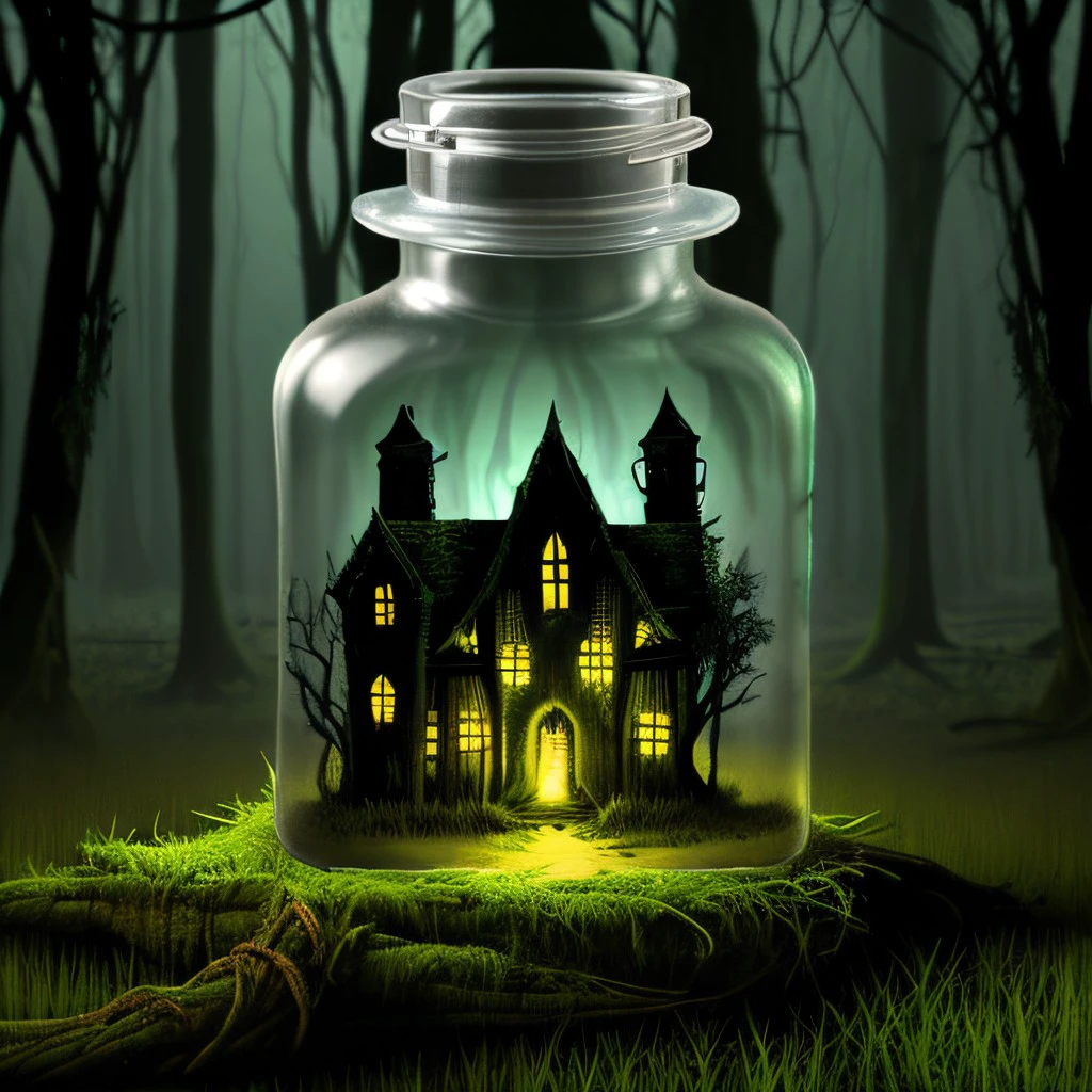 swamp, haunted house in a bottle,  enchanted forest, lighting effects, <lora:AppleBottle_2500steps:0.7>