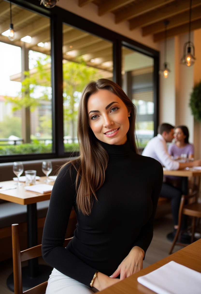 The image is a high-resolution photograph of a young woman seated at a wooden dining table in a stylish, modern restaurant. The woman, who appears to be in her mid-20s, has long, straight, light brown hair and fair skin. She is wearing a fitted, long-sleeved black turtleneck sweater that accentuates her slim figure. Her expression is calm and slightly smiling, with her hands resting on her lap.
In the background, the restaurant features large floor-to-ceiling windows that reveal an outdoor area with greenery, including trees with yellow-green leaves, suggesting a late spring or early summer setting. The interior of the restaurant is warm and inviting, with wooden beams on the ceiling and modern lighting fixtures hanging from it. The table in front of her is set with a white napkin, a small glass of water, and a white ceramic plate.
To her right, there is another dining table with a couple seated, engaged in conversation. The couple appears to be in their 30s or 40s, with the man wearing a white shirt and the woman in a light purple top. The overall ambiance is cozy and sophisticated, with a mix of natural and modern elements. 4NN4L0U1S3
