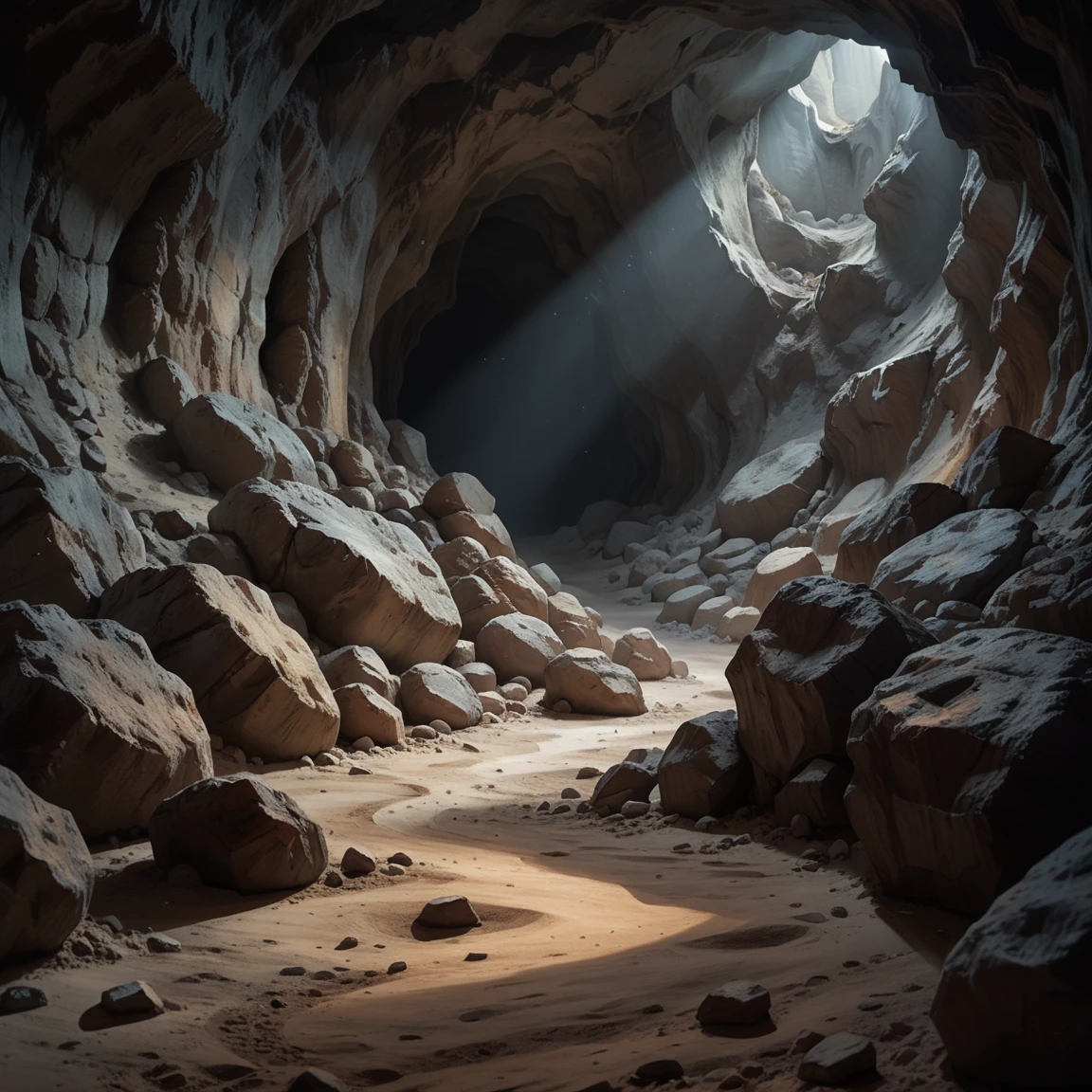 score_9, score_8_up, score_7_up, score_6_up, m00n, scenery, cave, dark, sand, rock, night, intricate, grey colors, depth of field, highly detailed, cinematic lighting, aesthetic