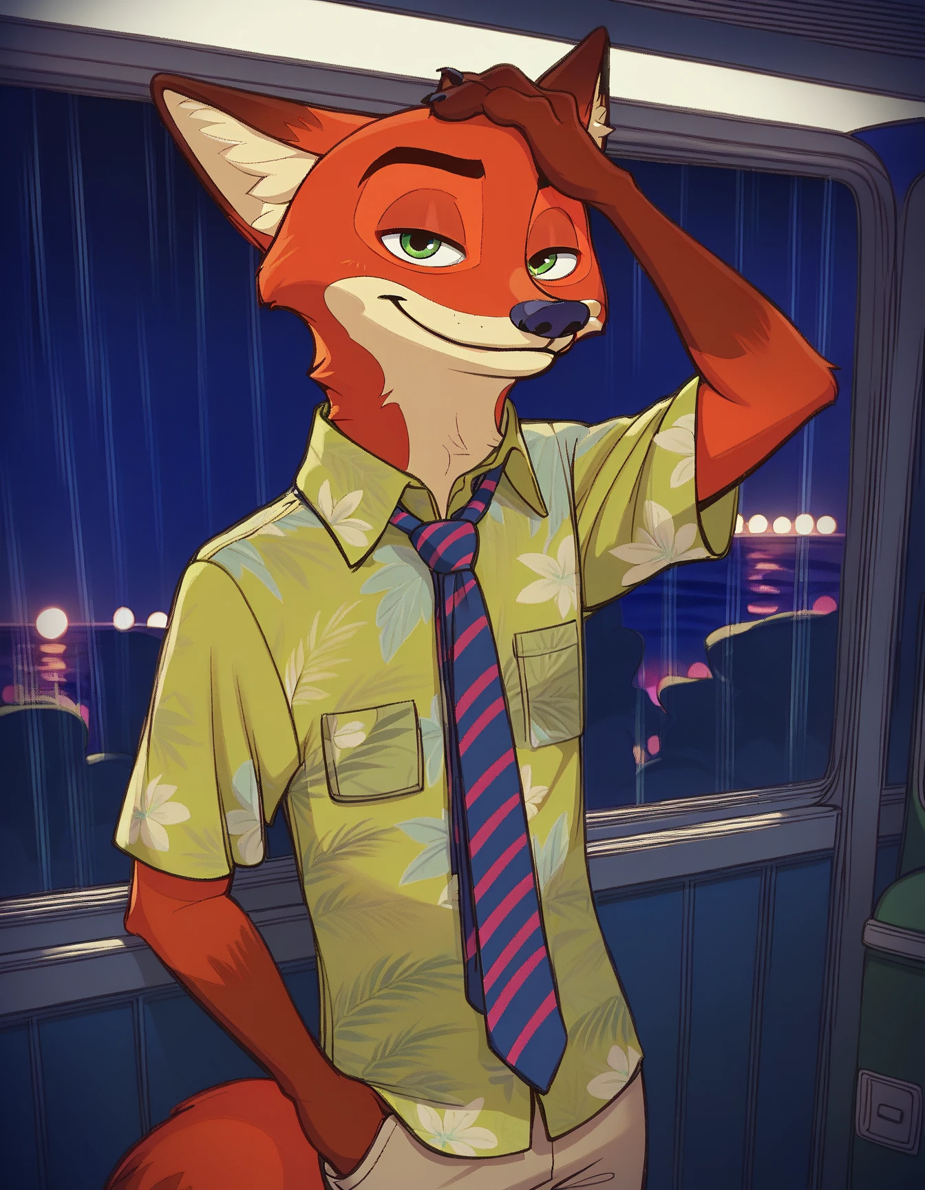 score_9, score_8_up, score_7_up
Nick_Wilde, solo, green eyes, green hawaiian shirt, pants, fox tail, necktie, hand in own hair, looking at viewer, bus station, rain, night, cloudy day, 
 <lora:Nick_Wilde_XL:0.7> 
 <lora:bangs_pinned_back-xl-pony-v1:1>