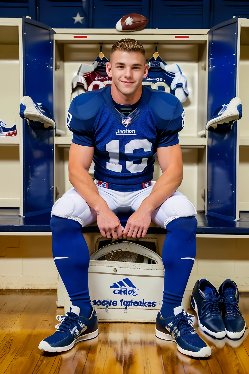 locker room, sitting on a bench, in front of lockers, smiling, JackWaters is an (American football player:1.3), wearing (American football uniform), (dark blue jersey:1.3), (dark blue football shoulder pads), jersey number 10, (white football pants:1.3), (dark blue socks:1.4), long socks, (sneakers:1.5), (caucasian male), (((full body portrait))), wide angle  <lora:JackWaters:0.75>