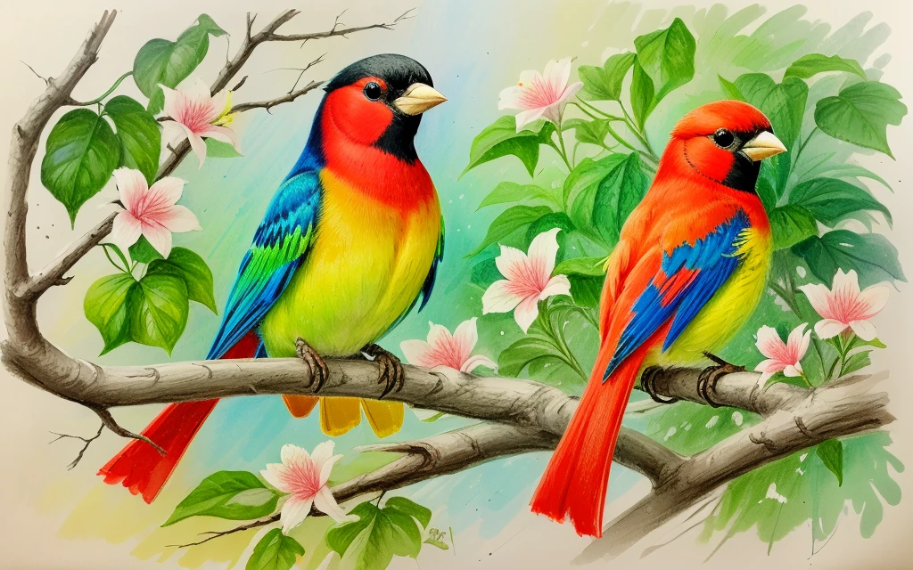 best quality,masterpiece
Scarlet Tanager The male has bright red feathers with black wings and tail, while the female has a duller yellowish-green plumage. Rice flower fl
 <lora:oiilpastel_V02:1>  oiilpastel,traditional media, soft color, sketch brush stroke, oil pastel drawing,