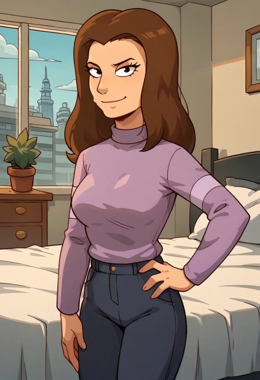 Score_9_up, score_8_up, score_7_up, BREAK, high quality, Expressiveh, 1girl, solo, michellefu, brown hair, pink sweater, hand on hip, smirk, looking at viewer, bedroom, bed, curtain, window, potted plant, window, city