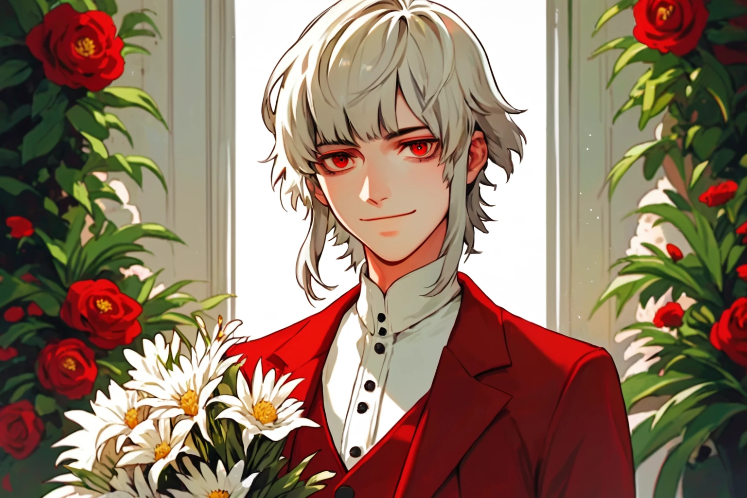 brother one, solo male focus, platinum hair, bob hairstyle, iridescent red eyes, white and red tuxedo, (offering bouquet:1.1), confident smile, florist, in flower shop, <lora:brotheronePXL:0.6>, (score_9, score_8_up, score_7_up)