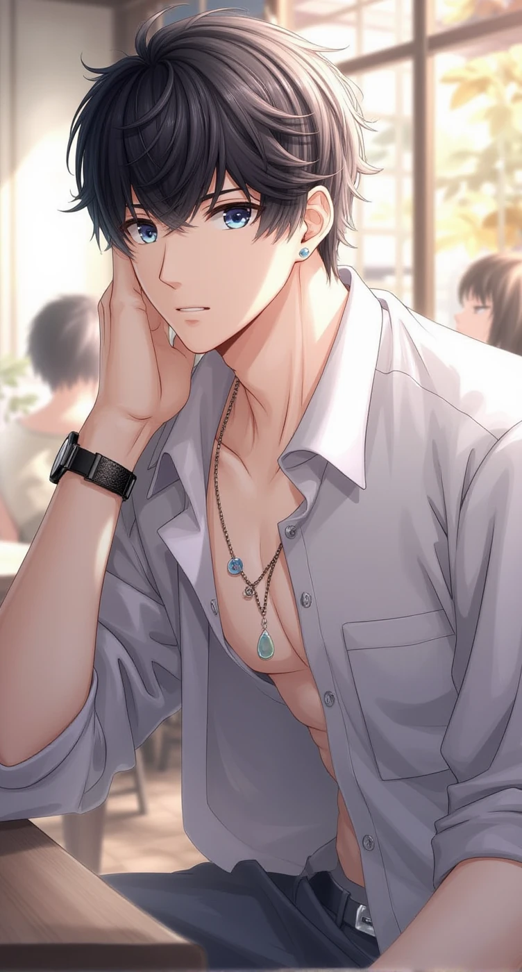 handsomemale，1boy, stylish outfit, open shirt, watch, cafe, indoor, morning light, looking at viewer, serious, black hair, blue eyes, premium aesthetic