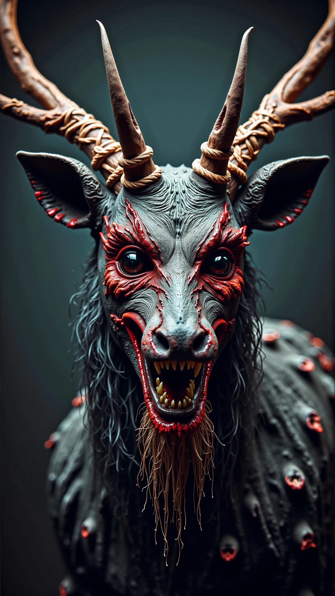 a photorealistic dark horror blood scary Dramatic portraiture of Uuen, the Pictish god of stags, mixed media, trending on ArtStation, by Zoe Mostert and ArtGerm and Lucian Freud, luminism <lora:DarkmosphericFlux:0.65> professional studio photography