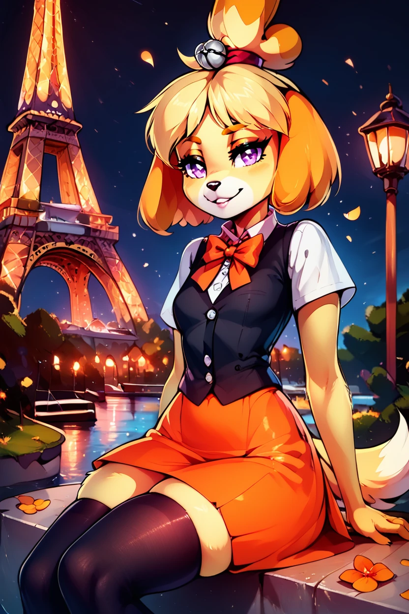 score_9, score_8_up, score_8, medium breasts, (curvy), cute, eyelashes,       BREAK, , zzFallIsabelle, short hair, blonde hair, animal ears, bow, furry female, dog girl, topknot, purple eyes, skindentation, animal nose, bright pupils, furry,  black vest, orange skirt, orange bowtie,  white shirt, short sleeves, collared shirt, black thighhighs,  <lora:FallIsabelle_PDXL_v2:0.8>, , BREAK, zzEiffelTower in background, sitting, watercraft, boat, sitting on wall, side view, looking at viewer, smile, ,,, BREAK, blooming stars, luminescent petals, otherworldly fragrance blurry background, ,,, embedding:zPDXL, Expressiveh, ,,, <lora:EiffelTowerPDXL:0.8>, <lora:CatalystStylePDXL:0.6>, <lora:SDXLFaeTastic2400:0.5>, <lora:Expressive_H-000001:0.4>,