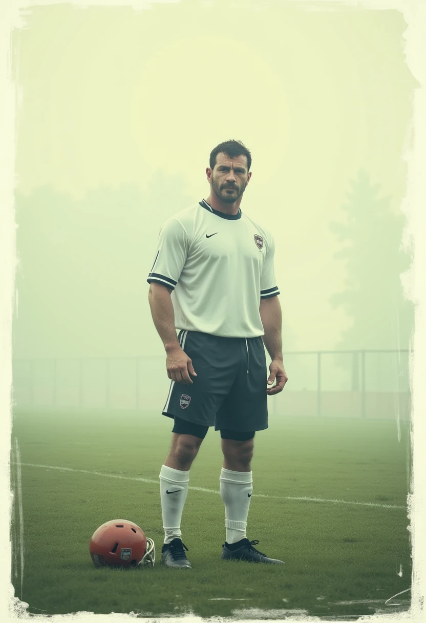 cartoon illustration of a man, direct eye cpmtact. facial hair, half body shot, in a conservative football outfit – plain white jersey with minimal design and dark, padded pants – stands alone in the middle of a foggy, dew-covered soccer field at dawn. His helmet rests on the grass next to him. The scene is captured with a vintage Polaroid camera, giving the image a washed-out, slightly faded look, with soft edges and a nostalgic, dreamy feel.