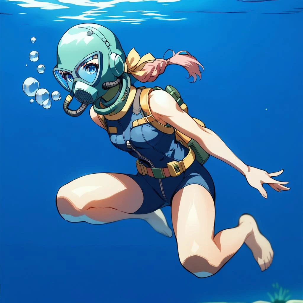 score_9, score_8_up, score_7_up, score_6_up, source_anime, anime screenshot, anime coloring, full body, blue shlfrn_helmet,1girl, wetsuit, sleeveless, bare legs, belt, zipper, breathing tube:0.33, scuba tank, shoulder strap, blue-tinted eyewear, low ponytail, braid, pink hair, yellow ribbon, metal collar, science fiction, futuristic, underwater, swimming, diving, hair through headwear, air bubble, blue background