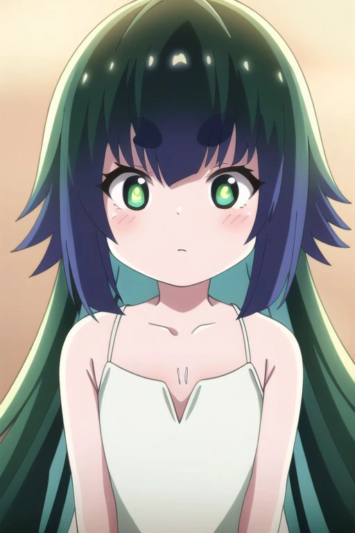 (masterpiece),mitama, long hair, collarbone, dark green hair, thick eyebrowsm, short eyebrows, green eyes, 1girl, solo, thick eyebrows,  bare shoulders, dress