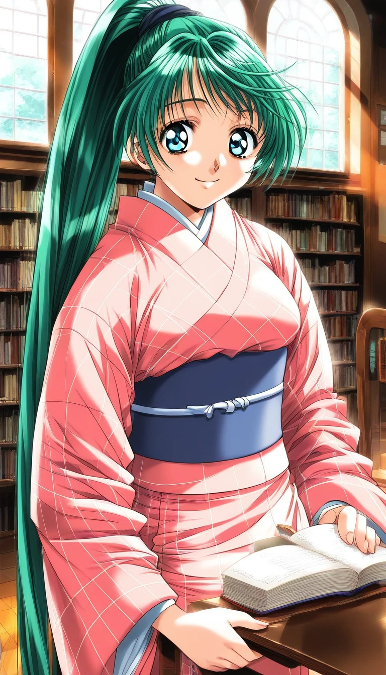 score_9, score_8_up, score_7_up, source_anime, rating_explicit, BREAK  <lora:Narahara_Narumi_XL:1>Narahara_Narumi, green hair, blue eyes, very long hair, ponytail, breasts,
1girl, solo, japanese clothes, book, pink kimono, window, smile, indoors, 1990s (style), long sleeves, bookshelf, looking at viewer, day, holding, retro artstyle, sash, chair, library, table, aqua eyes