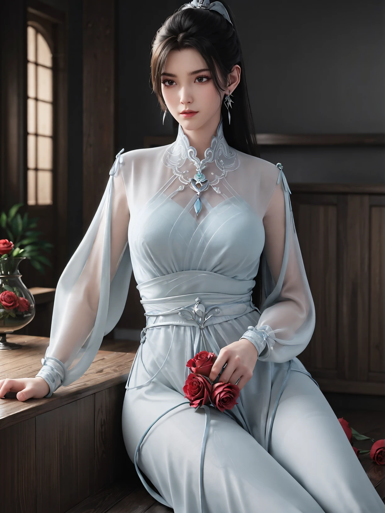 detail clothes,high detail,best quality,8k,absurdres,highres,
<lora:ningyao-gf:0.7>,ningyao,1girl,solo,dress,earrings,large breasts,hair ornament,black hair,closed mouth,expressionless,jewelry,(ponytail:1.1),long hair,(pale skin:1.3),(shiny skin:1.3),(white skin:1.3),looking at viewer,long dress,pelvic curtain,hand on own chest,
living room,modern sense,glass vase,(red rose:1.2),perfect light,shiny,glowing,(blight:1.4),shiny,window,
(lying:1.1),