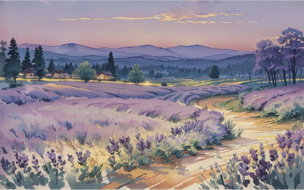 best quality,masterpiece
 <lora:oiilpastel_V02:1>  oiilpastel,traditional media, soft color, sketch brush stroke,   oiil pastel drawing,, scenery,A dreamy lavender field at twilight, muted purples and soft blues fading into evening's velvet embrace