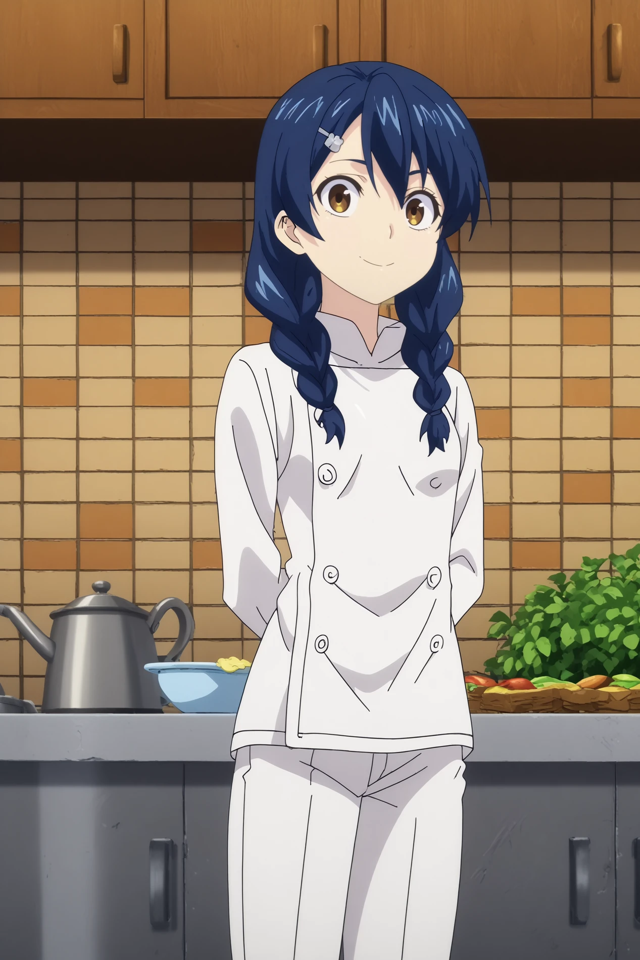  megumi tadokoro,1girl,solo,looking_at_viewer,twin braids,braid,yellow eyes,hair ornament,hair clip,chef,white shirt,white pants,breasts,upperbody,hands behind the back,smile BREAK indoors,Cozy,white walls,small sink, marble countertop, food,vegetables,fridge,fruit, warm light, vintage stove behind,window with a garden, kitchen,orange brick wall,restaurant kitchen   <lora:Megumi_Tadokoro_-_Food_Wars.safetensors:0.8> <lora:detailed_backgrounds_v2.safetensors:0.8>