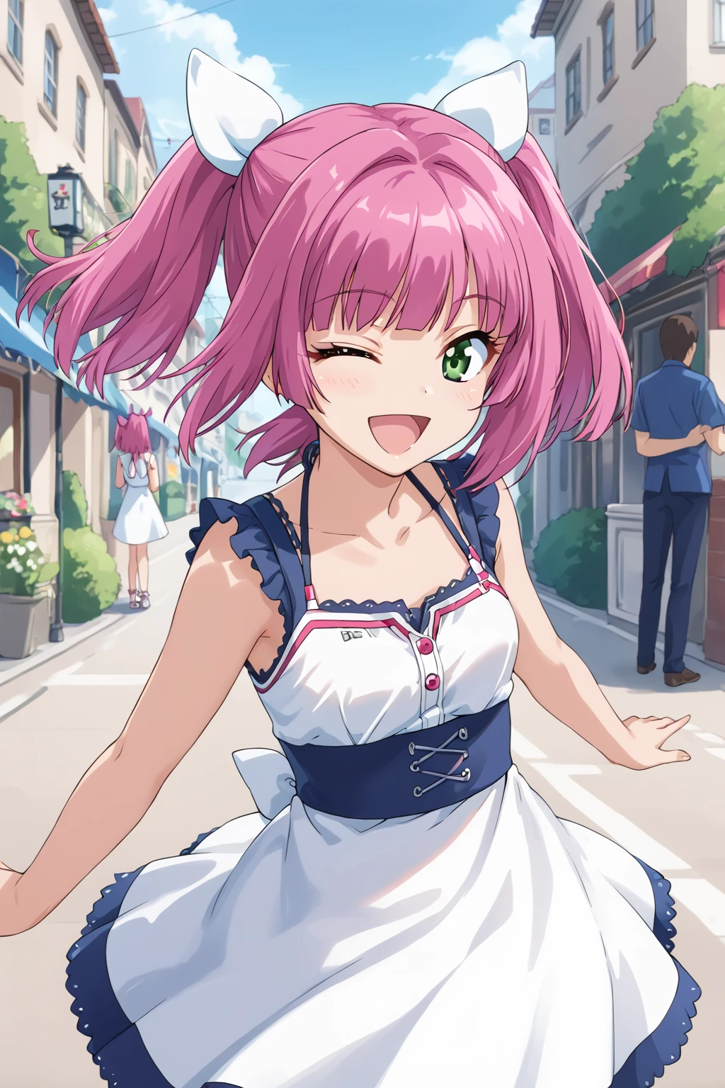 score_9, score_8_up, score_7_up, BREAK source_anime, masterpiece,
1girl, urin, long hair, short twintails, pink hair, green eyes, hair ribbon, <lora:urin_pony-000030:1>
outdoor, white dress, smile, closed eyes, open mouth,