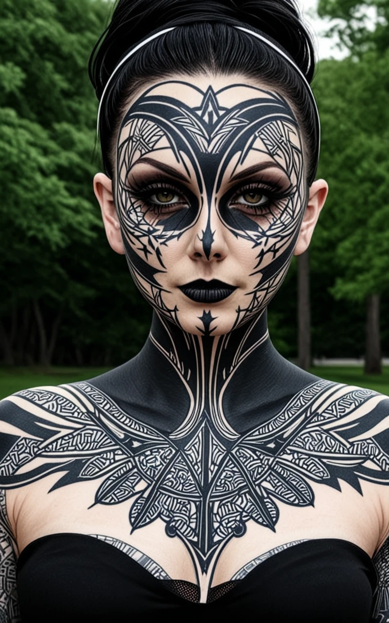 a woman with face    in   DarkTatExStarz  style <lora:DarkTatExStarz:1.0>  standing in the park