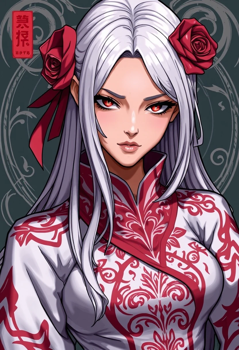 MikeyPie Art \(Artist\), young woman with long white hair and a red rose in her hair. She is wearing a white and red outfit with intricate patterns and designs. The woman has a serious expression on her face and is looking directly at the viewer. The background is a dark green color with a pattern of swirls and lines. Show less