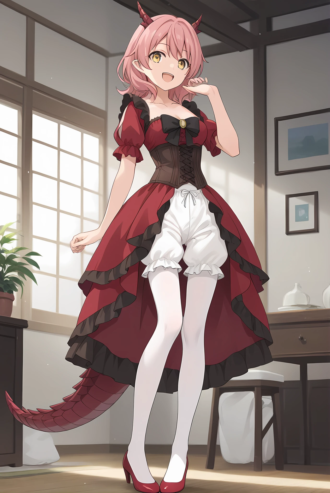 (red dress black bow brown corset white pantyhose bloomers red flats:1.30), km-hanako, yellow eyes, pink hair, medium hair, short horns, dragon tail, medium breasts, 1girl, solo, skinny, score_9, score_8_up, score_8, score_7_up, score_7, score_6_up, score_6, score_5_up, score_5, source_anime, happy, indoors, (full body:1.20), (:1.20), feet, <lora:km-hanako-V01-000003:0.60>