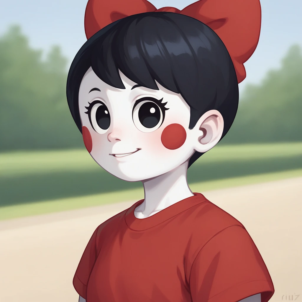 score_9_up, score_8_up, BREAK, Utz, 1girl, solo, white skin, black hair, short hair, hair bow, red shirt, upper body, <lora:Utz_Mascot_PXL_Leaf1:1>, outdoors, depth of field, flat color,