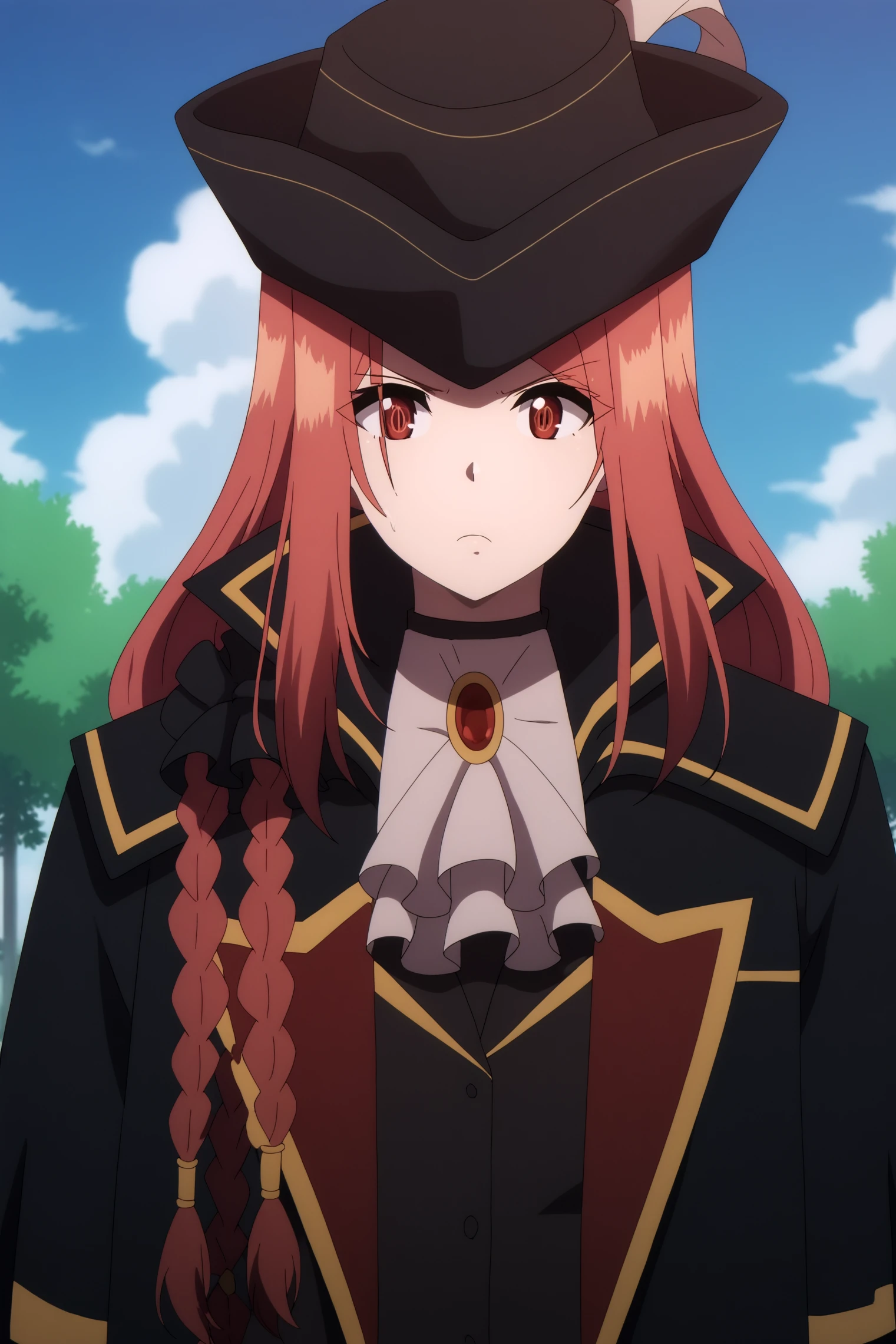 solo, anime coloring, Mary, pirate outfit, triple braid brooch, outdoors, dark theme <lora:The_Eminence_in_Shadow_-_Mary_-_PDXLv3:0.8>