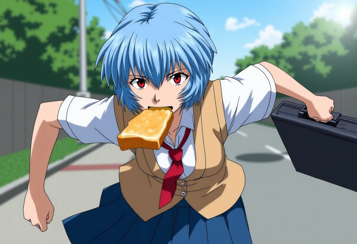 A detailed solo portrait of ppayanamirei, light blue hair,
Anime style, sharp, high contrast and highly detailed.,.
 <lora:evangelion_ayanami_rei_flux_v1_2-000008:1>,
She is running to school. She is running late, and she looks nervous and hurried. She wears the school uniform, consisting of a white shirt with short sleeves, a vest, a tie, and a blue skirt. She is running, holding a black briefcase in one hand while biting onto a slice of toast that is sticking out of her mouth. The dynamic pose, with one arm extended forward and the other holding the briefcase, conveys a sense of urgency, as if the character is late for school or in a hurry.