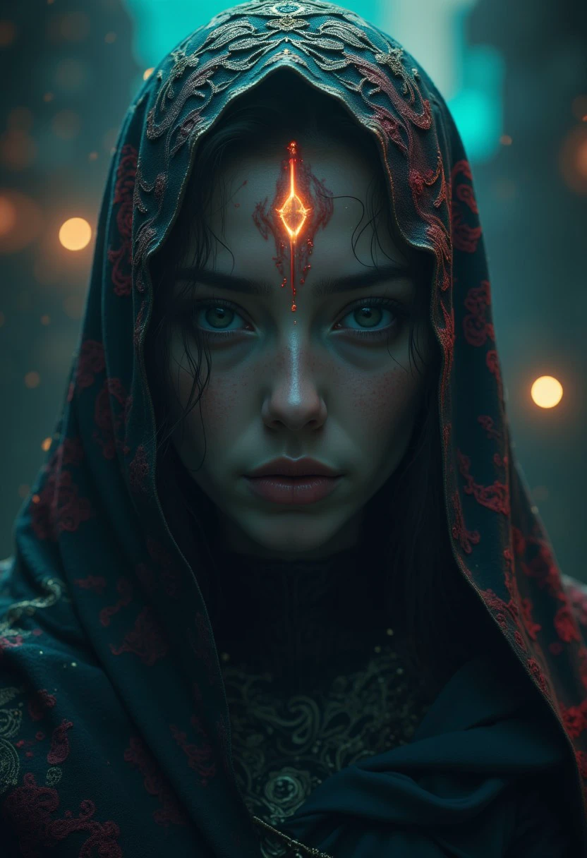 MASTERPIECE, 1girl, 18y.o., sublime facial expressions, intricately textured skin with subtle goosebumps, realistic skin noise, visible pores, soft skin fuzz, radiant glow, ornate tattoo, rim lighting, vibrant details, hyper-realistic, elegant hands, detailed facial muscles, in a flowing, intricately patterned cloak, 8k resolution concept art portrait inspired by Gottfried Helnwein, with super fine details, abstract beauty, sharp focus, intricate textures, cinematic lighting, and a rich, apocalyptic color palette with blue, white, green, red, and purple tones, in a luxurious, epic, and regal style, from a low angle, with an unfinished, yet pure and intricate form.