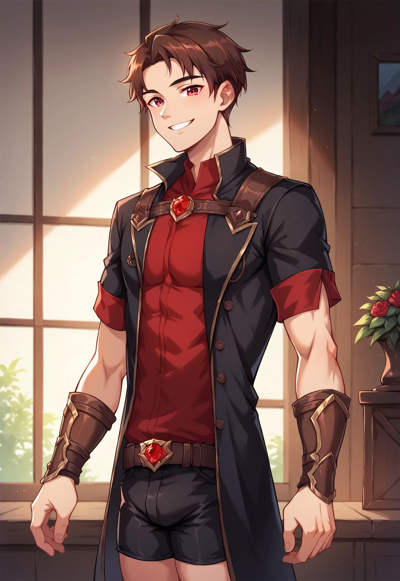  8k, score_9, score_8_up, score_7_up, 4LEX_RSP, masterpiece,1boy, solo, muscular twink, slim body, lean, beautiful eyes, brown hair, darkred eyes, red tunic, short sleeves, black shorts, brown belts,belt pouches, brown fingerless gauntlets, bracers, red gemstone,  (long black coat), smile, 3/4 view, room, scrolls, flasks