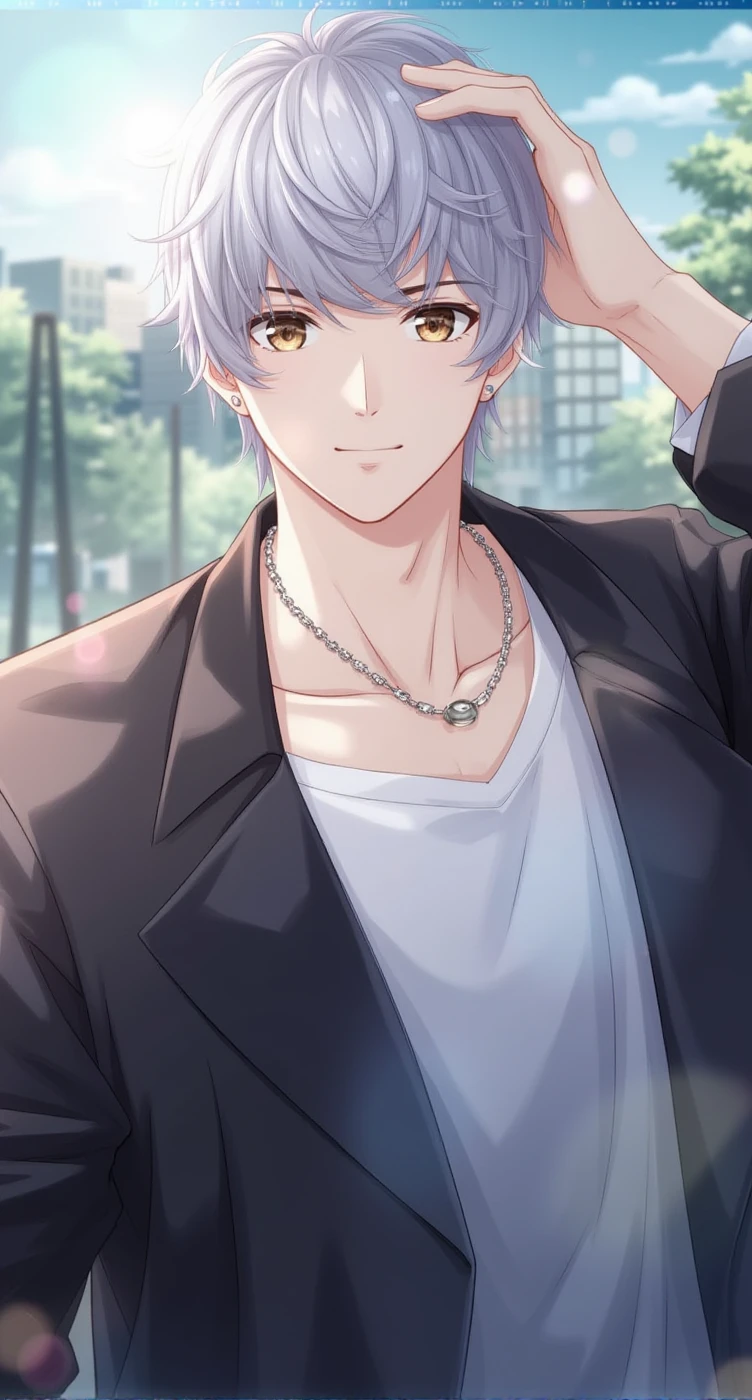 handsomemale，a male, modern dress, blazer, necklace, city park, outdoor, lens flare, contemplative, grey hair, hazel eyes, sharp quality, sleek aesthetic.