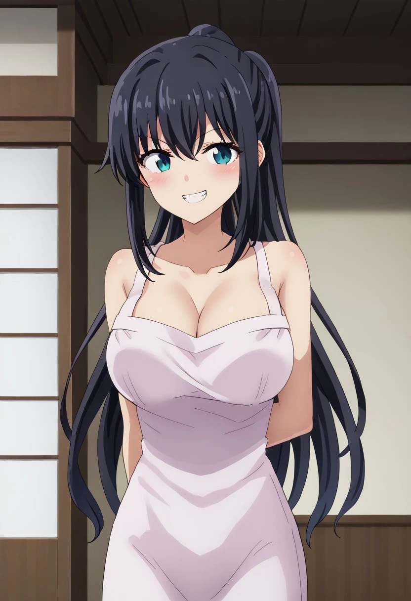 anime screencap, anime coloring, best quality, bedroom background
BREAK
1girl, solo, natsu_no_hyoui_kaho, black hair, long hair, ponytail, breasts, cleavage, large breasts, white dress,
looking at viewer, blush, smile, grin,
cowboy shot,