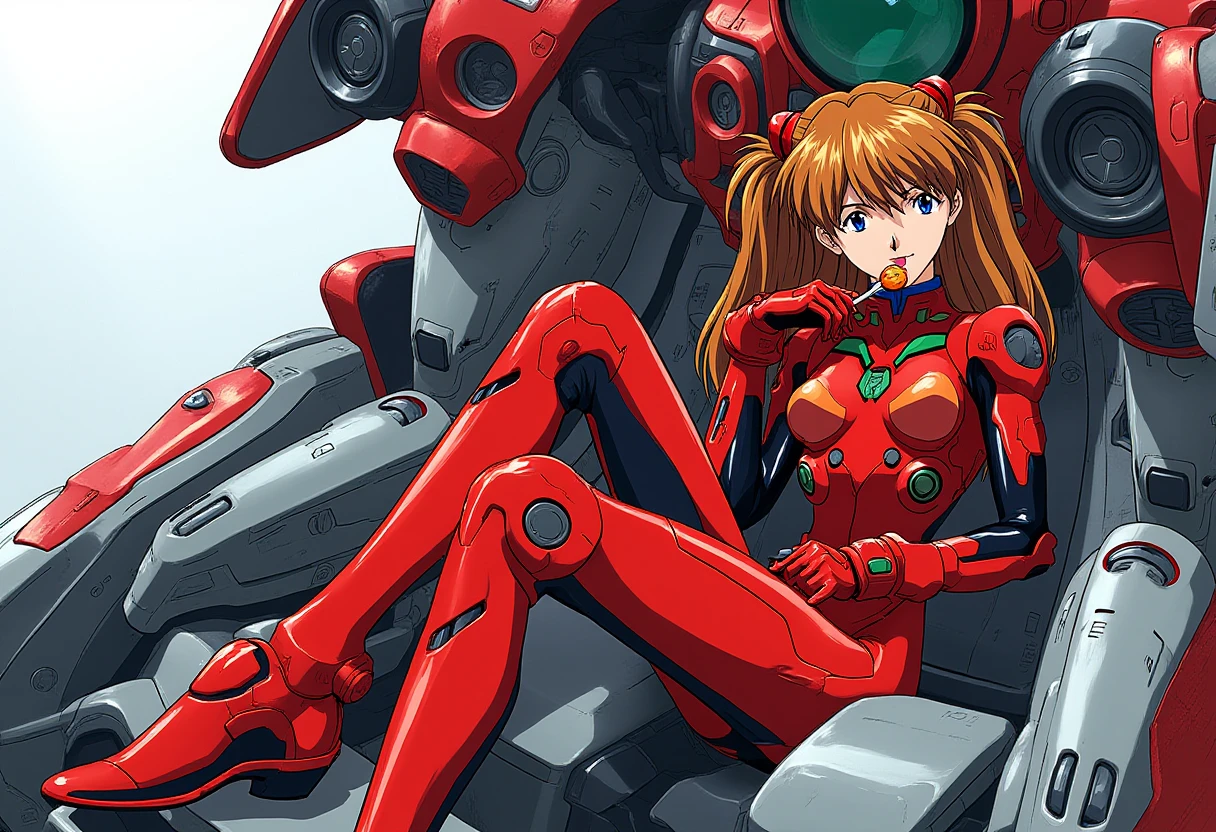 A detailed solo portrait of horaki hikari
Anime style, sharp, high contrast and highly detailed.,.
 <lora:evangelion_asuka_langley_flux_v1_2-000010:0.9> ppasuka
ppasuka in red plug suit. She sits in a futuristic cockpit of an EVA robot, one leg over another. She is eating a lollipop.