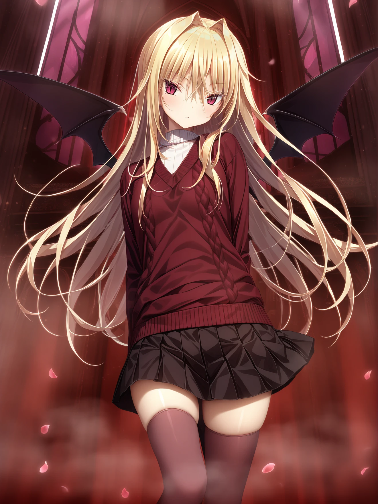 masterpiece, best quality, high quality, aesthetic, absurdres, insanely detailed,
1girl, (deep red fog:1.8), (bat wings:1.2), thighhighs, red eyes, expressionless, slit pupils, long hair, skirt, blonde hair, church, stained glass, sweater, red fog, zettai ryouiki, petals, full body, looking at viewer,
<lora:coq-style-xl_v1.0:1>