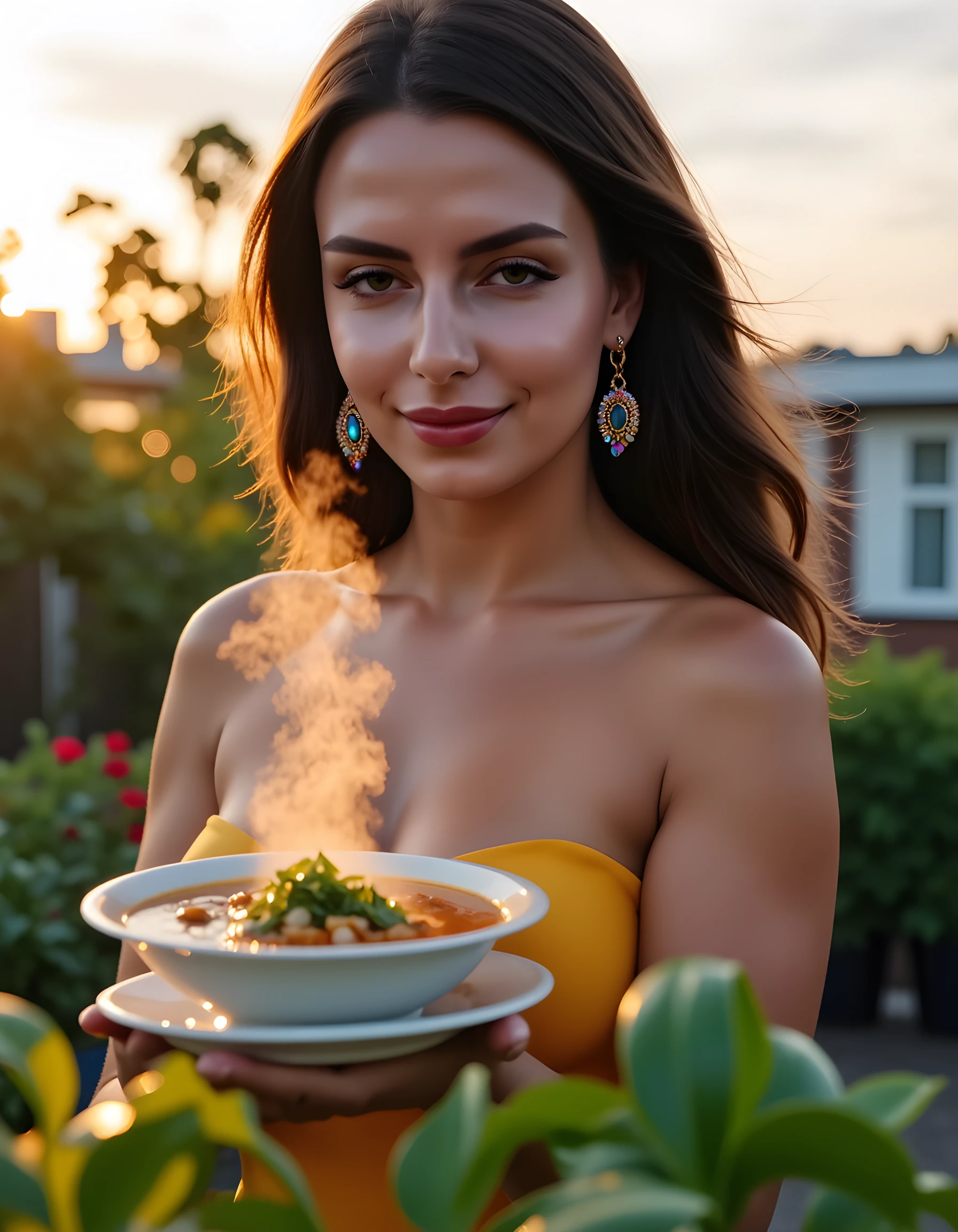 In a captivating, high-definition close-up, LUB4U, a striking woman with raven-black hair cascading down her shoulders, is framed against the vibrant backdrop of an urban rooftop garden. She stands confidently, one hand gracefully balancing a delicate plate holding a steaming bowl of spicy pho, while her other hand twirls a pair of exquisite, iridescent earrings adorned with precious stones that glimmer in the soft golden glow of the setting sun, casting a warm, inviting ambiance. The image is a testament to the beauty and allure of both subject and surroundings, captured from a low angle that accentuates her poise and the lush greenery beneath her feet.