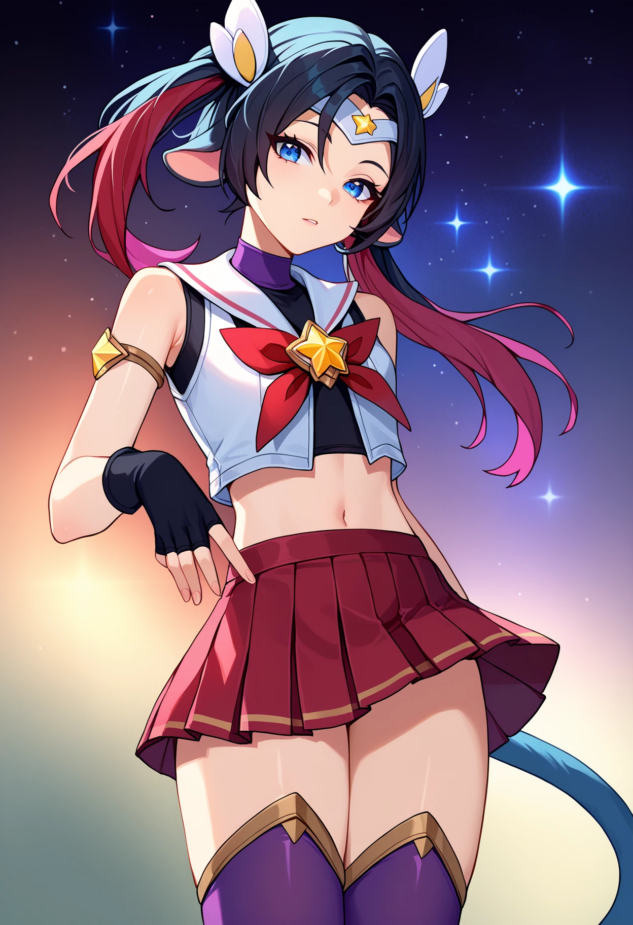 score_9, score_8_up, score_7_up, source_anime,
BREAK
<lora:shistarguardianV1:1.0>, 
shistarjinx, starguardianstyle, magical girl, alternate costume, star guardian \(league of legends\),
pleated skirt, zettai ryouiki, 
fingerless gloves, purple thighhighs, purple choker, red skirt, turtleneck, gem, sleeveless, red bowtie, 
midriff, 
alternate hair color, twintails, hair ornament, starry background, 
1girl, solo, 
<lora:shiJaneDoeTestV1:1>, shijanegame, long hair, black hair, animal ears, mouse ears, blue eyes, multicolored hair, red hair,
tail,