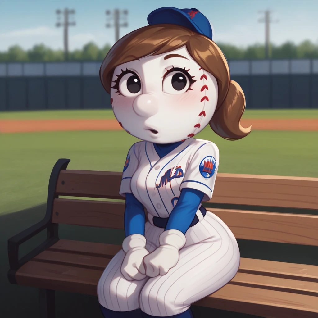 score_9_up, score_8_up, BREAK, MrsMet, 1girl, solo, brown hair, ponytail, black eyes, white skin, hat, baseball uniform, cowboy shot, sitting on bench, depth of field,  <lora:MrsMet_NewYorkMets_PXL_Leaf1:1>