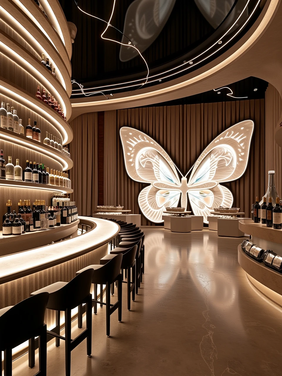 spacebylaushine,futurist-curve space,sci-fi of an open bar made of the materials like precious stone,illuminated by spotlight,lots of wine bottle on the shelf behind the long bar counter which is on the left side,in center of the space,there is a big marble-made sculpture like butterfly,the sculpture surrounded by multiple chairs and tables