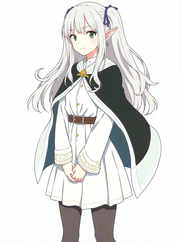 atori, a portrayal of Frieren, the elven mage from "Frieren: Beyond Journey's End". She's standing alone against a simple white background, her long white hair styled in twintails with bangs framing her face. Her green eyes, a hallmark of her elven heritage along with her pointed ears, look directly at the viewer with a gentle, closed-mouth smile.

Frieren is wearing her signature white dress with long sleeves, cinched at the waist with a belt. Over the dress, she dons a black and white capelet, adding a touch of contrast to her outfit. Her legs are covered in pantyhose, completing her elegant appearance.

She's adorned with subtle jewelry, including earrings that complement her elven features. In her hands, she's holding something, though the specific object isn't detailed.