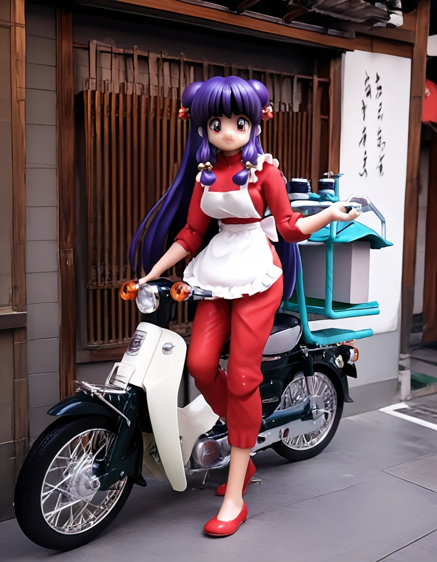 score_9, score_8_up, score_7_up, source_real, realistic, photorealistic, BREAK
<lora:BDpony_HondaSuperCub_delivery_V1-5040:1>, <lora:detailed_notrigger:1>,
HondaSuperCub_delivery, 1girl, shampoo (ranma 1/2), motor vehicle, scooter, purple hair, solo, long hair, apron, red footwear, red eyes, hair bun, hair bell, hair ornament, motorcycle, double bun, bell, capri pants, red pants, smile, looking at viewer, standing, full body, on scooter,  Alley