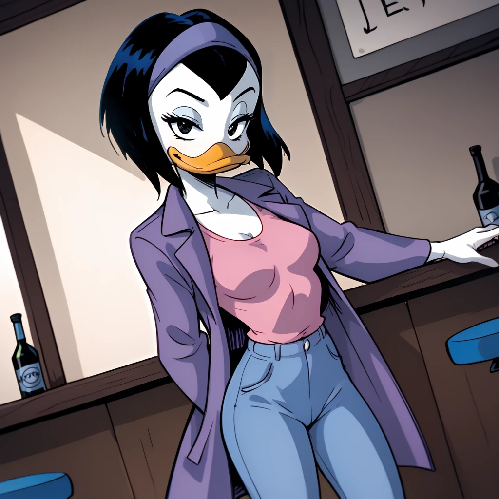 score_9, score_8_up, score_7_up, 1girl, solo, uncensored, kay-k, duck girl, bill, smile, dutch angle, standing, looking at viewer, half-closed eyes,  leaning back, against wall, short black hair, purple hairband, white skin, purple coat, pink shirt, (blue jeans:1.1), indoors, moody, bar, night club <lora:KayKXL_v1.1:1>