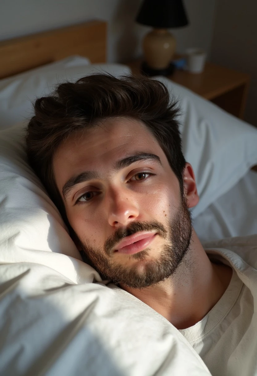 (Alexandre, 21 yo male, facial hair). head on pillow, waking up, morning scene, messy bed sheets, daylight, student bedroom, looking at viewer, closed mouth, smile