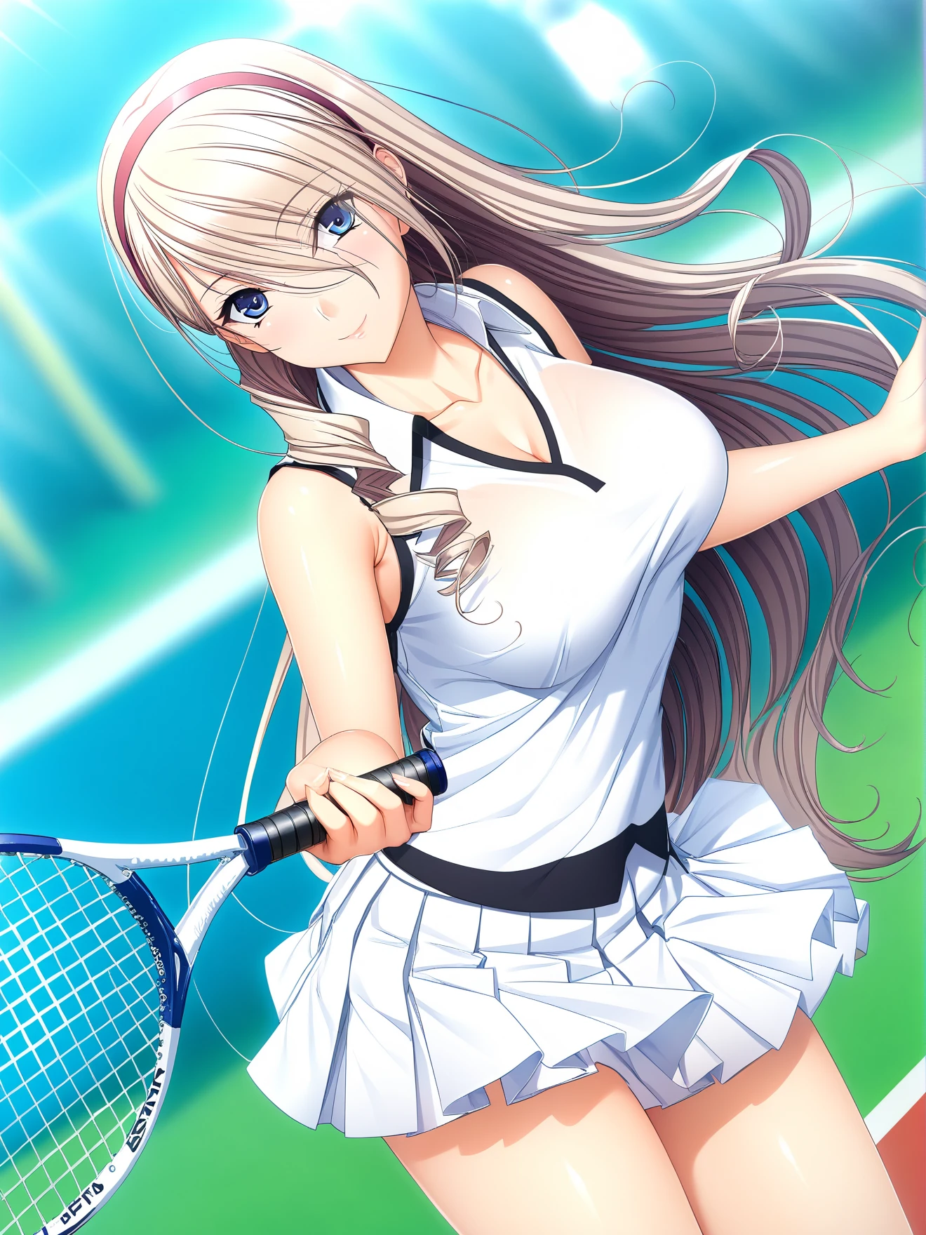 masterpiece, best quality, high quality, aesthetic, absurdres, insanely detailed,
1girl, long hair, solo, tennis ball, flower, skirt, white skirt, red hair, shirt, very long hair, lens flare, holding, hairband, blurry background, blurry, blue flower, racket, sleeveless, shiny, tennis racket, pleated skirt, ball, shiny hair, standing, miniskirt, sleeveless shirt, tennis uniform, sportswear, white shirt, hair between eyes, outdoors, floating hair, bangs, collarbone, collared shirt, breasts, red hairband, closed mouth, day, depth of field, blue eyes, looking at viewer, dutch angle, cowboy shot, smile, medium breasts,
<lora:komori-kei-style-xl_v1.0:1>