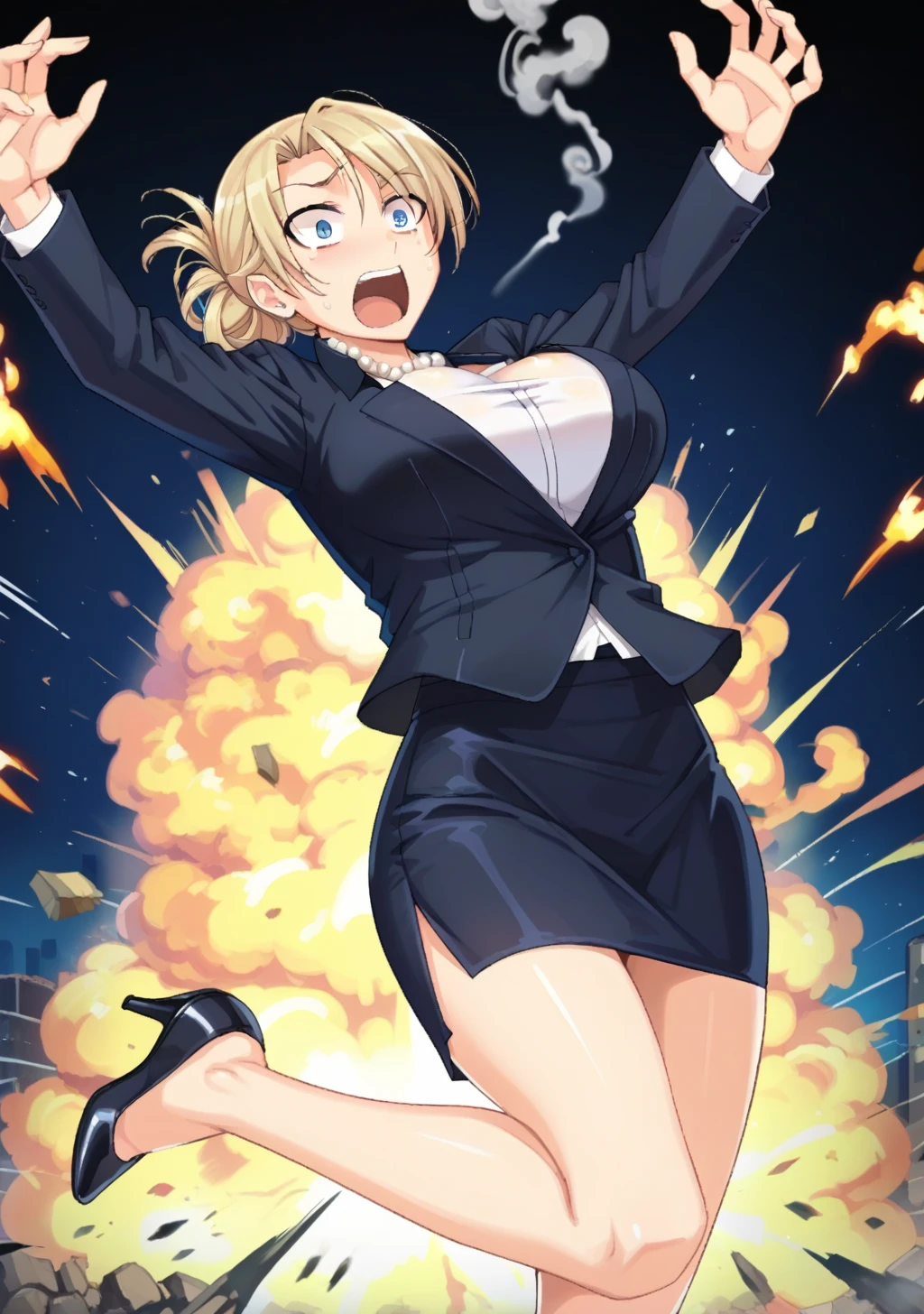 score_9, score_8_up, score_7_up, source_anime,high detail, detailed face,1girl,tatiana,huge breasts,blonde hair,bangs,folded ponytail,blue eyes,<lora:tatiana:0.9>,formal suit,black jacket,white shirt, jewelry,pearl necklace,pencil skirt,highheels, <lora:Explosion:0.8>,3xplosion,explosion, black smoke,fire,surprised,shock,floating,jumping,open hands,jumping