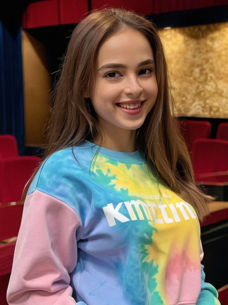 <lora:K4t3S4m_xl_v10:0.8>, K4t3S4m, 1girl, solo, long hair, looking at viewer, smile, Tie-Dye Sweatshirt, movie theater, (masterpiece,best quality,ultra_detailed,highres,absurdres:1.2)