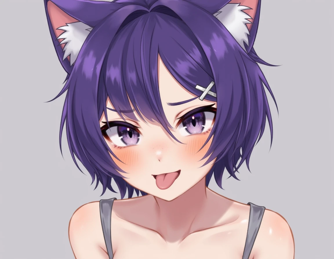 <lora:jeanfaymas-flux:1> jeanfaymas, a portrait photo of a young woman with short, purple hair and cat ears. They have a playful expression, sticking out their tongue and looking slightly to the side. Their eyes are a striking purple, matching their hair, and they wear a hair clip shaped like an x. They are shirtless, revealing a slender physique.